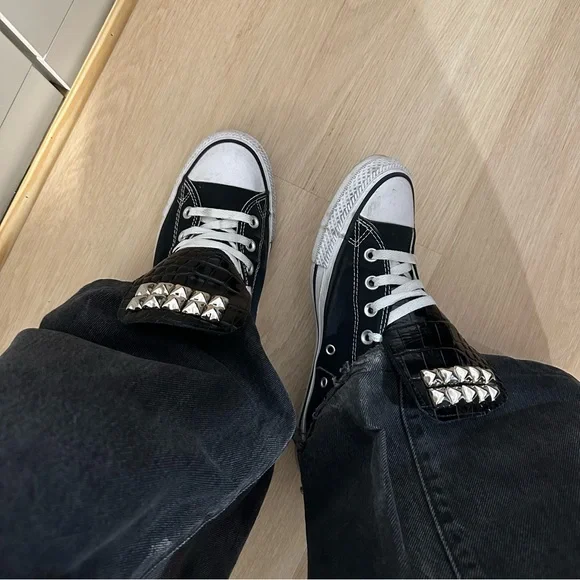 Custom Converse Black Crocodile Leather Studded Tongue - Picture 2 of 6